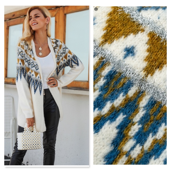 Rouge! Sweaters - Tinsel Embellished Aztac Knit Open Cardigan